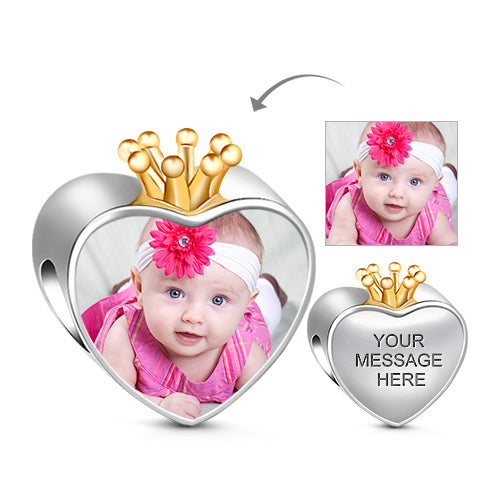 Gnoce "Happy Crown" Gold Plated Crown Heart Design Engravable Silver Personalized Photo Charn_1