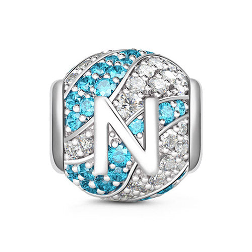 Gnoce Letter N Aquamarine Clear CZ Charm Platinum-plated Silver Blend_1