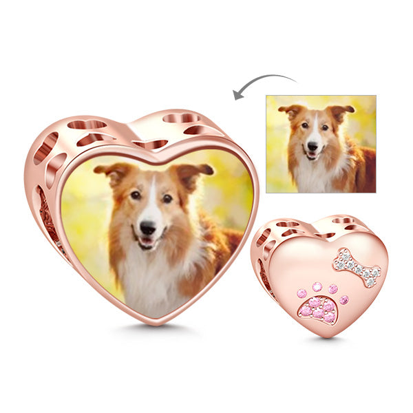 Gnoce " Paw Print and Bone of My Dog "High Polished Sterling Silver Plated with Rose Gold Cut Pug Dog Paw Print Hollow Hearts Photo Charms_1