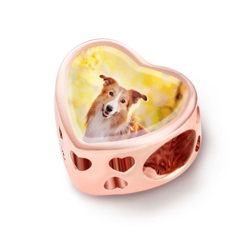 Gnoce " Paw Print and Bone of My Dog "High Polished Sterling Silver Plated with Rose Gold Cut Pug Dog Paw Print Hollow Hearts Photo Charms_2