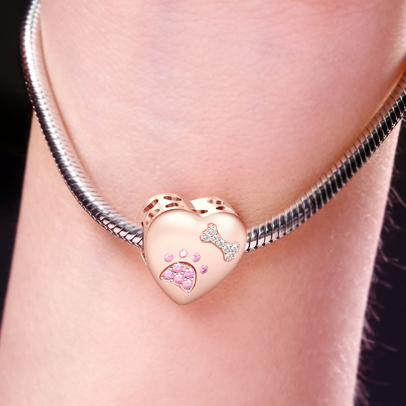 Gnoce " Paw Print and Bone of My Dog "High Polished Sterling Silver Plated with Rose Gold Cut Pug Dog Paw Print Hollow Hearts Photo Charms_3