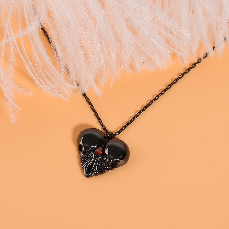 Heart Shaped Double Skull Necklace 925 Sterling Silver with Red Stone_2
