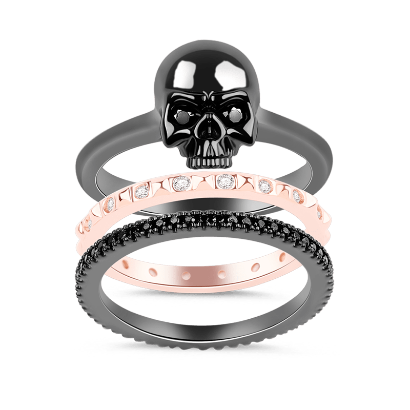 Gnoce "Love You Always" Skull Ring Sets 925 Sterling Silver Double Color Plated_1
