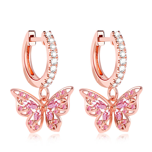 Butterfly Dangle Hoop Earrings 18k Rose Gold Plated 925 Sterling Silver Openwork_1