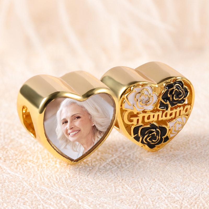 Black & white Flower Heart-shaped Personalized Photo Charm Bead for Grandma Sterling Silver 18k Gold Plated_2