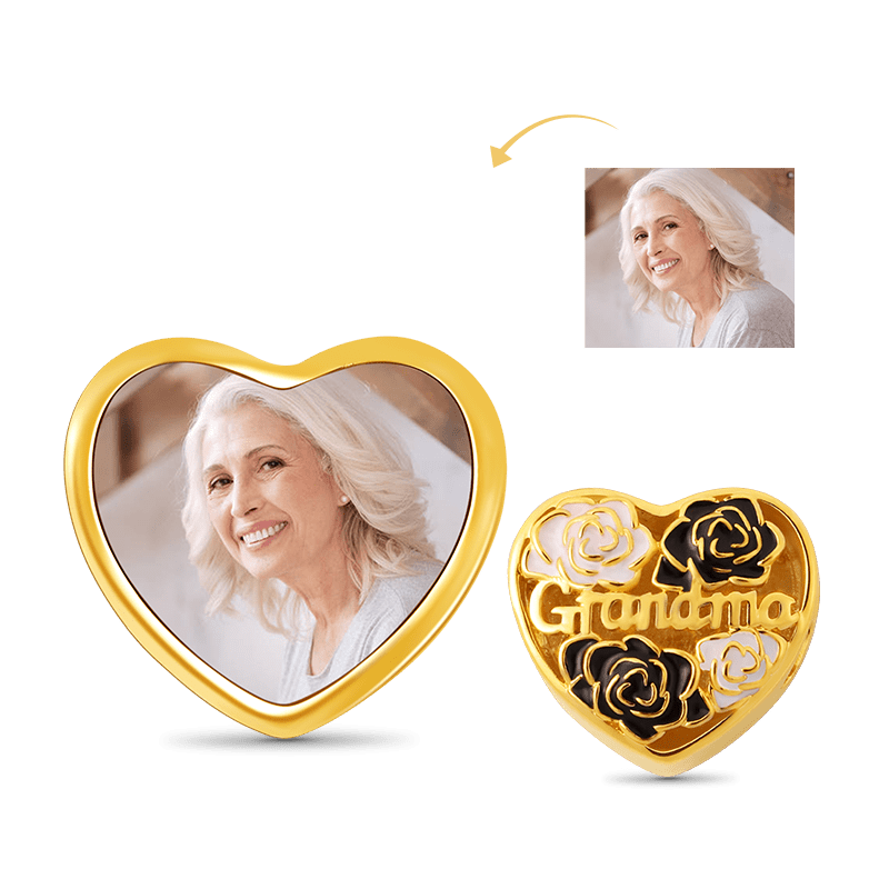 Black & white Flower Heart-shaped Personalized Photo Charm Bead for Grandma Sterling Silver 18k Gold Plated_1