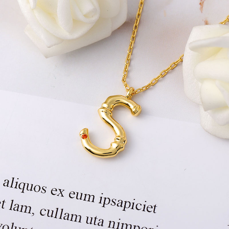 Letter S Pendant Bamboo Initial Necklace Adjustable Chain Length 18k Gold Plated 925 Sterling Silver_3