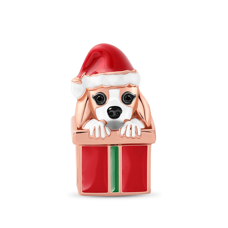 Dog with Gift Box Charm Bead Sterling Silver 18k Rose Gold Plated for Christmas_1