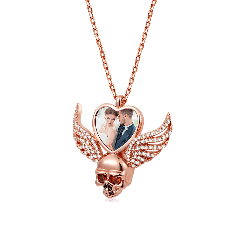 Wings Skull Heart Photo Necklace 925 Sterling Silver 18k Rose Gold Plated_2
