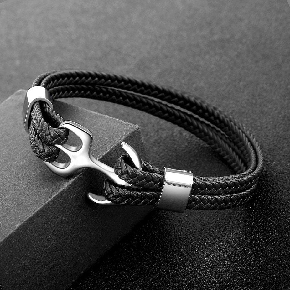 Black Anchor Leather Men's Bracelet with Steel_2