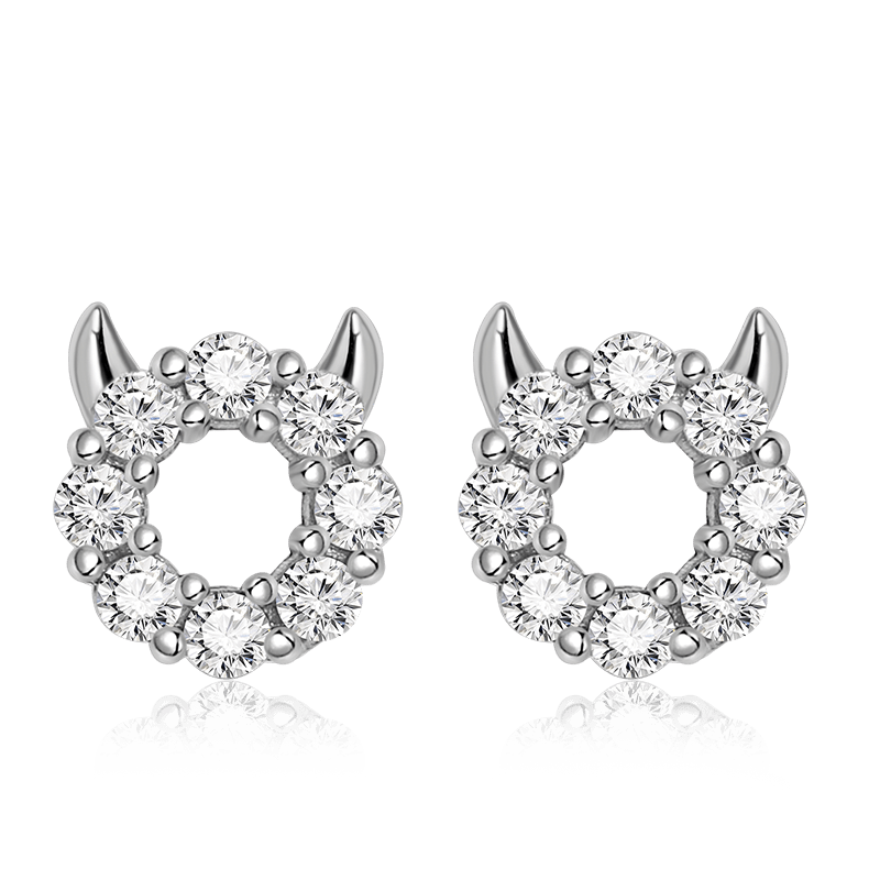 Little Devil Stud Earrings Sterling Silver inlaid with Round Cut White Stones_1